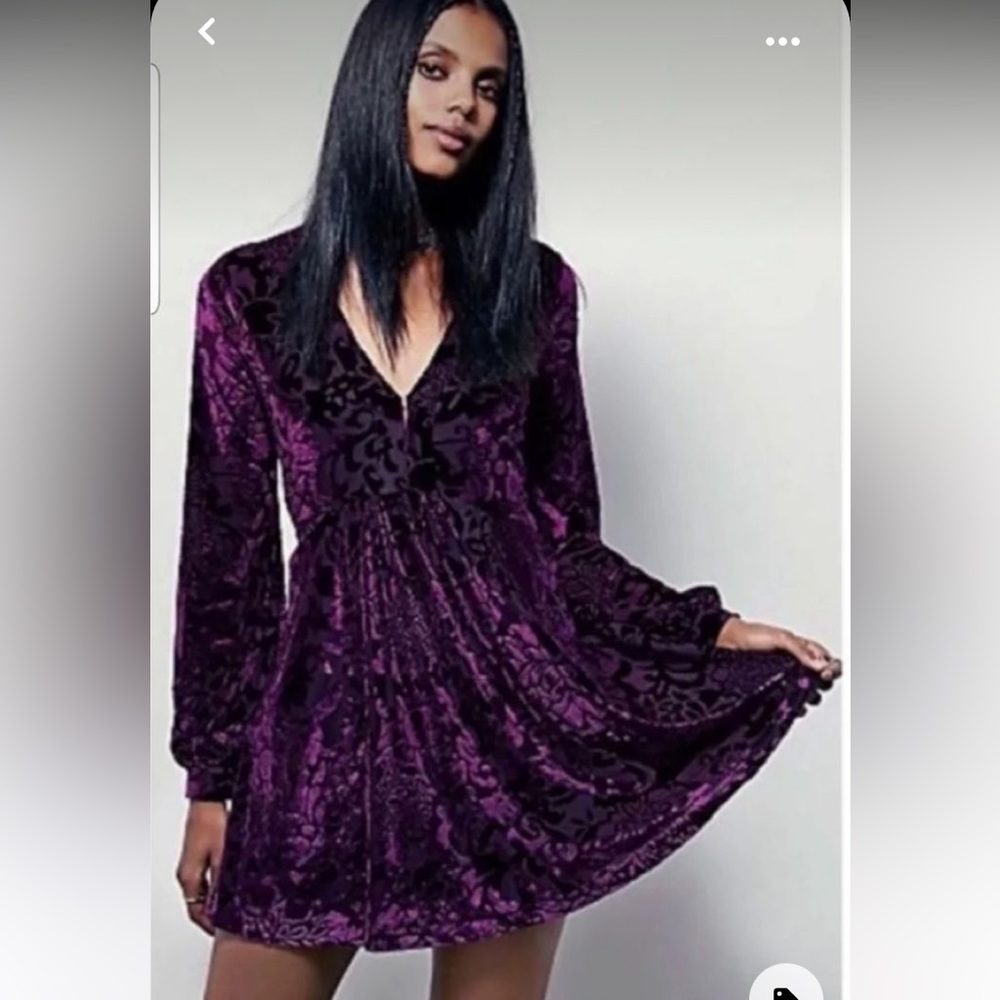Free People velvet burnout v-neck long sleeve tunic dress in purple